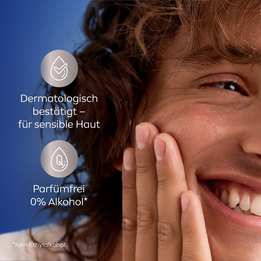 Nahaufnahme eines Mannes. Dermatologisch bestätigt. Parfümfrei, 0% Alkohol.