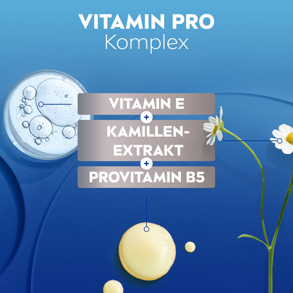 Grafik mit Vitamin E, Kamillenextrakt und Provitamin B5. Vitamin Pro Komplex.