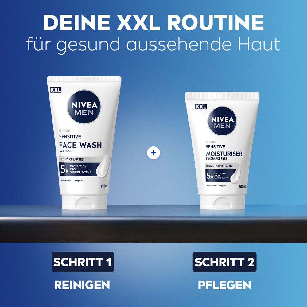 NIVEA MEN Reinigen und Pflegen. Gesichtswaschgel und Sensitive Moisturiser. Schritt 1 und 2.