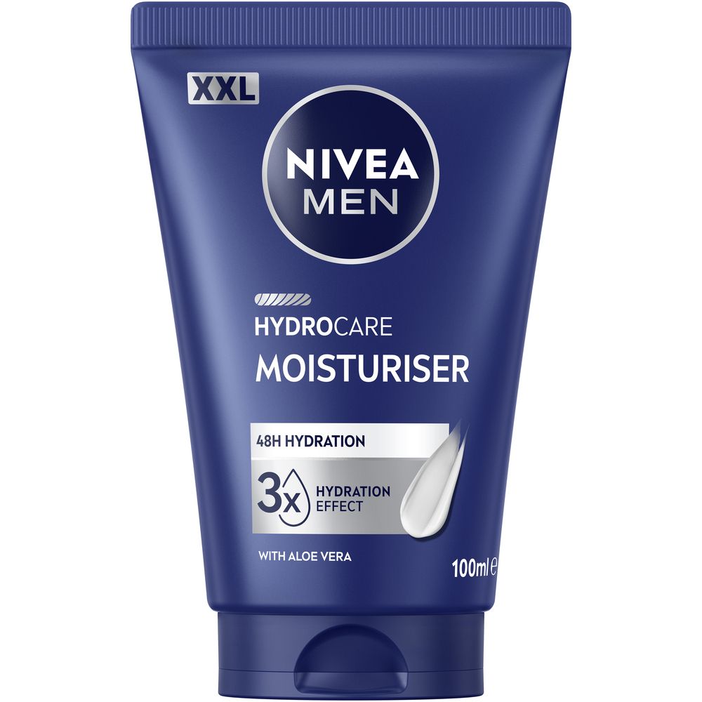 Blaue Tube NIVEA MEN HydroCare Moisturiser. Enthält Aloe Vera. 100ml. XXL-Kennzeichnung.