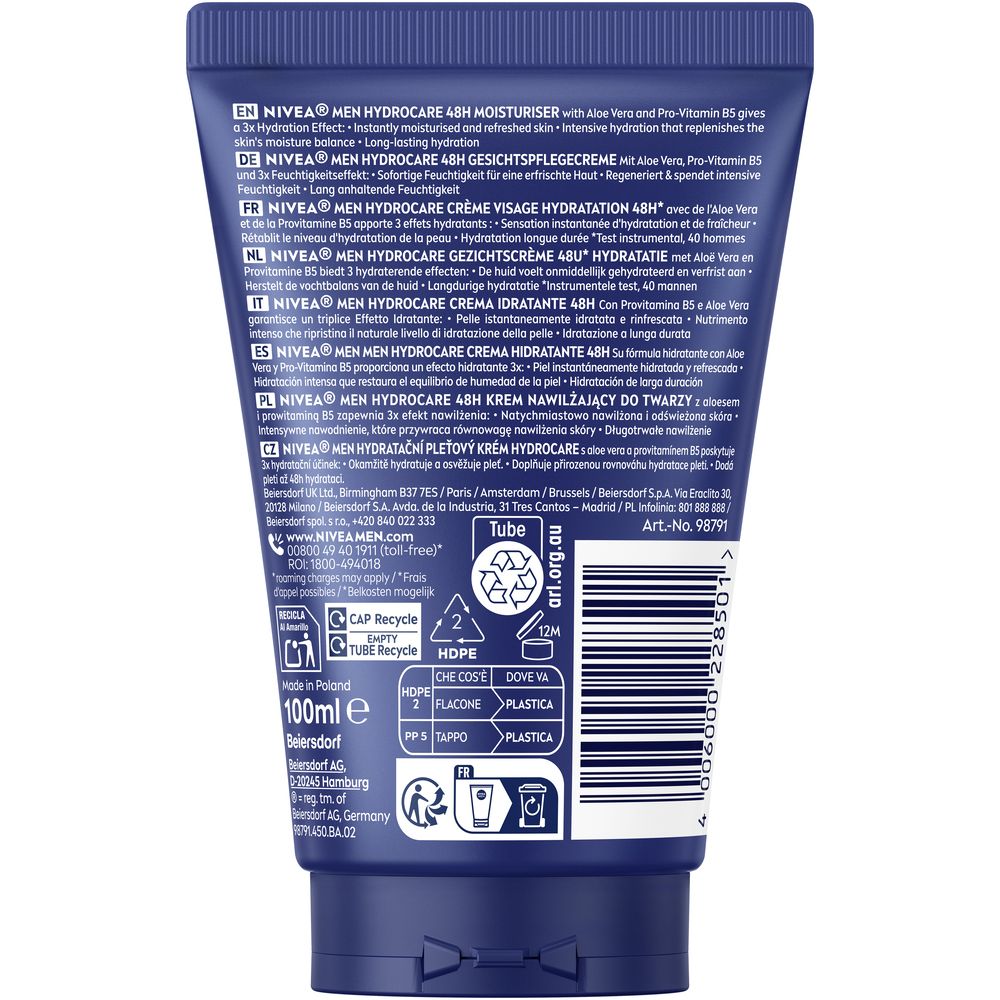 Rückseite der blauen Tube NIVEA MEN HydroCare Moisturiser. Text in mehreren Sprachen. 100ml.