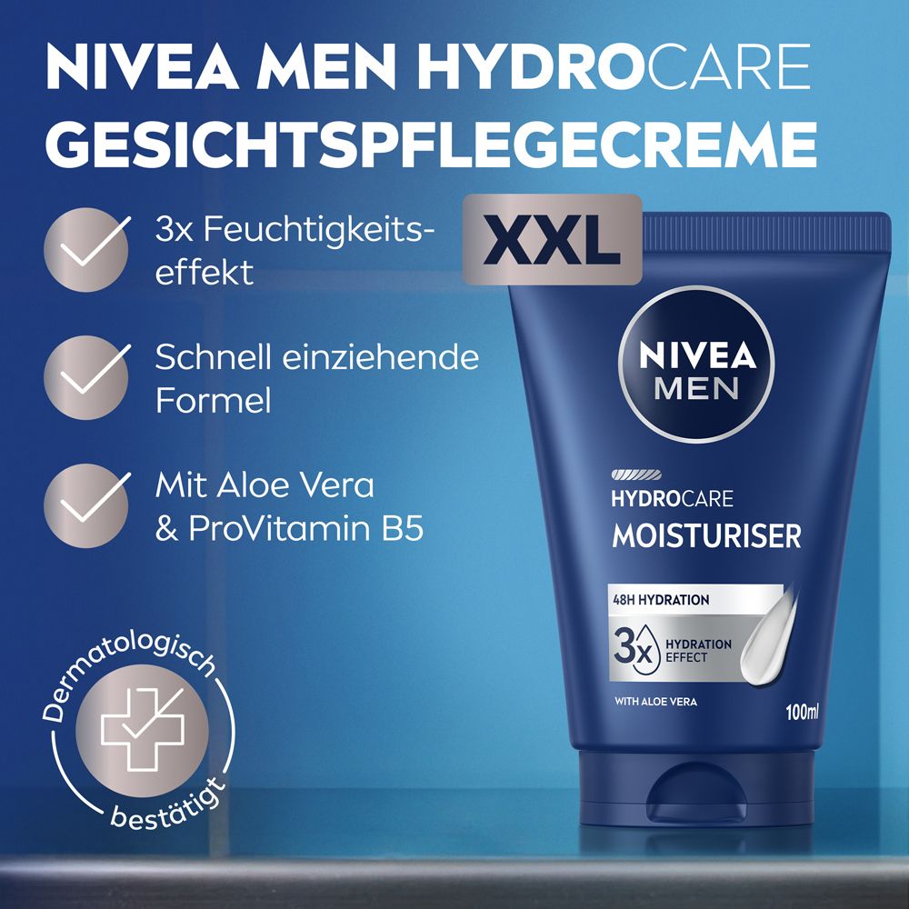 NIVEA MEN HydroCare Gesichtspflegecreme. Produktmerkmale: 3x Feuchtigkeitseffekt, schnell einziehend, mit Aloe Vera.