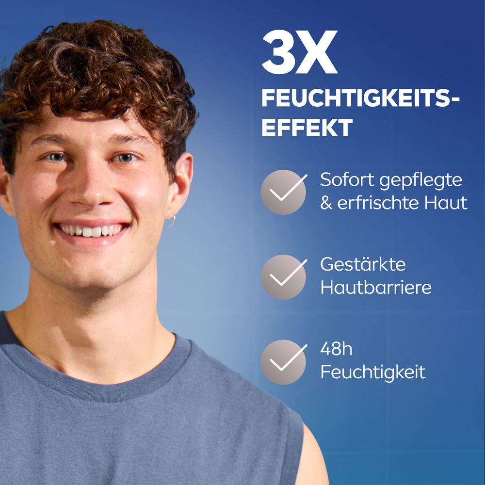 Junger Mann mit gepflegter Haut. Text: 3x Feuchtigkeitseffekt, sofort gepflegt, gestärkte Hautbarriere, 48h Feuchtigkeit.