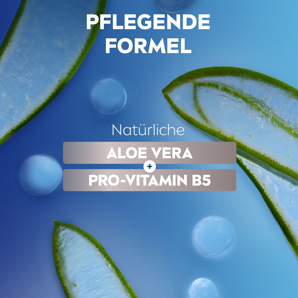 Text: Pflegende Formel. Natürliche Aloe Vera und Pro-Vitamin B5.