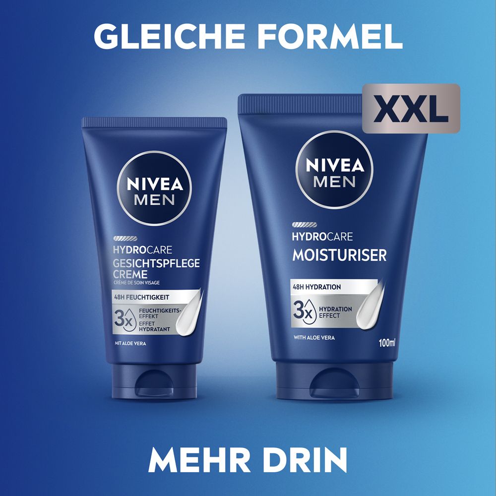 Zwei Tuben NIVEA MEN HydroCare. Links: Gesichtspflegecreme. Rechts: Moisturiser. XXL-Kennzeichnung.