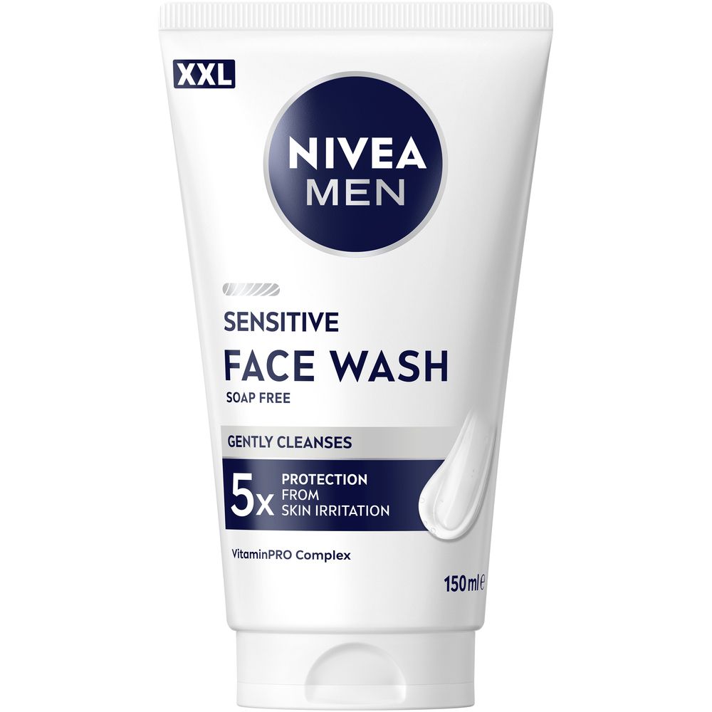 Weiße Tube NIVEA MEN Sensitive Face Wash. XXL-Aufdruck. Blaue Logo-Kreis. 150ml. Enthält VitaminPRO Complex.