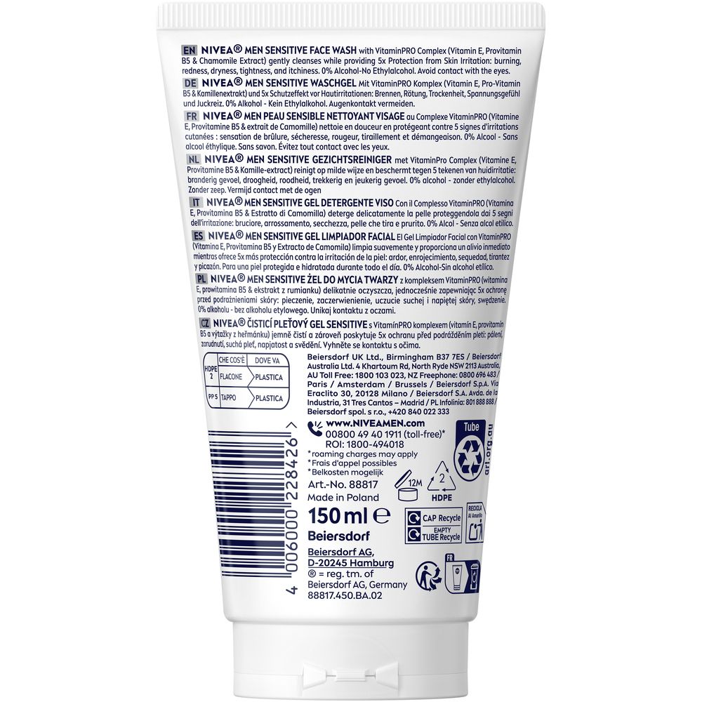 Rückseite der NIVEA MEN Sensitive Face Wash Tube. Text in mehreren Sprachen. 150 ml. Recycling-Symbole.