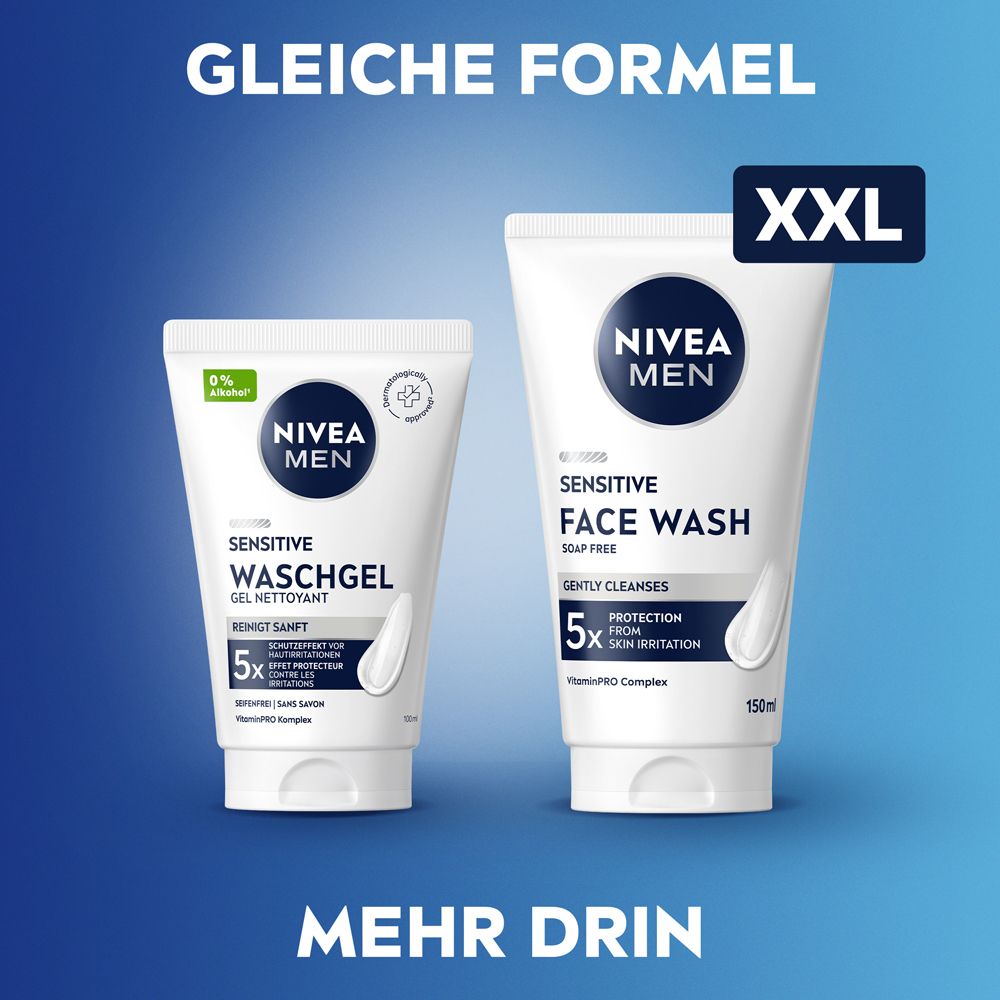 Vergleich von zwei NIVEA MEN Waschgel-Tuben. Beide weiß. Text: Gleiche Formel. Mehr drin. XXL-Aufdruck.