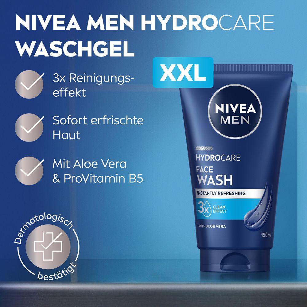 NIVEA MEN HydroCare Waschgel. XXL-Größe. 3x Reinigungseffekt, sofort erfrischte Haut, mit Aloe Vera.