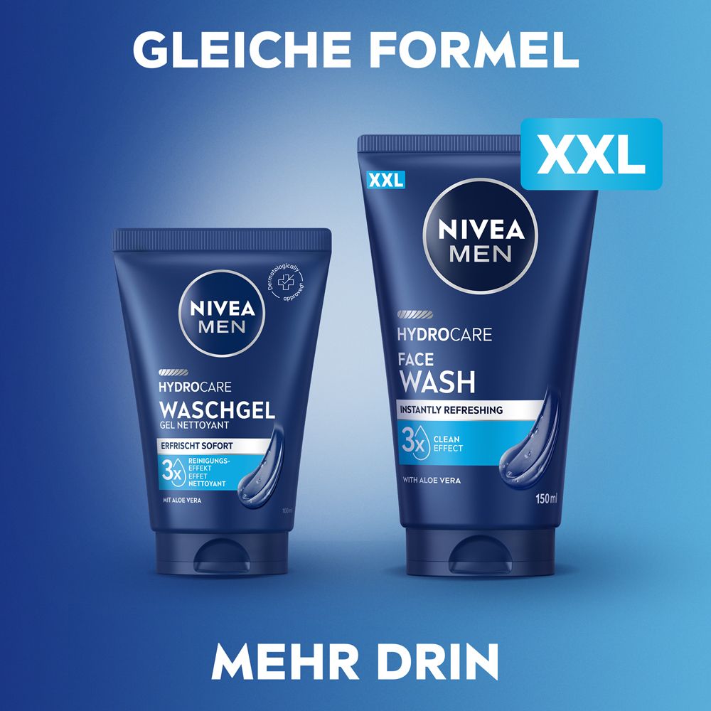 Zwei NIVEA MEN Produkte. Links Waschgel, rechts Face Wash. Text: Gleiche Formel, mehr Inhalt.