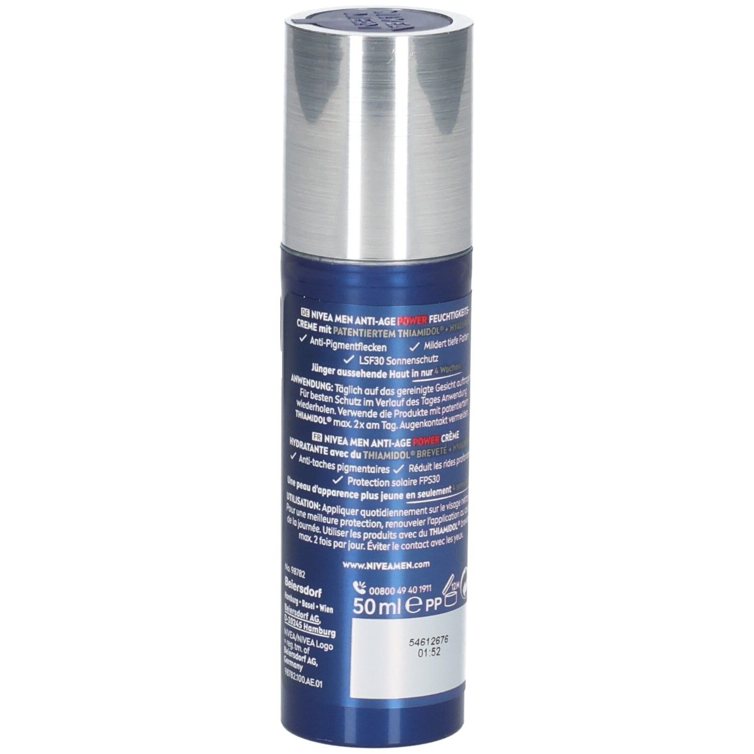 Blaue Flasche mit silbernem Deckel. NIVEA MEN Anti-Age Feuchtigkeitscreme. Text: LSF30, 50ml, Anwendungshinweise.