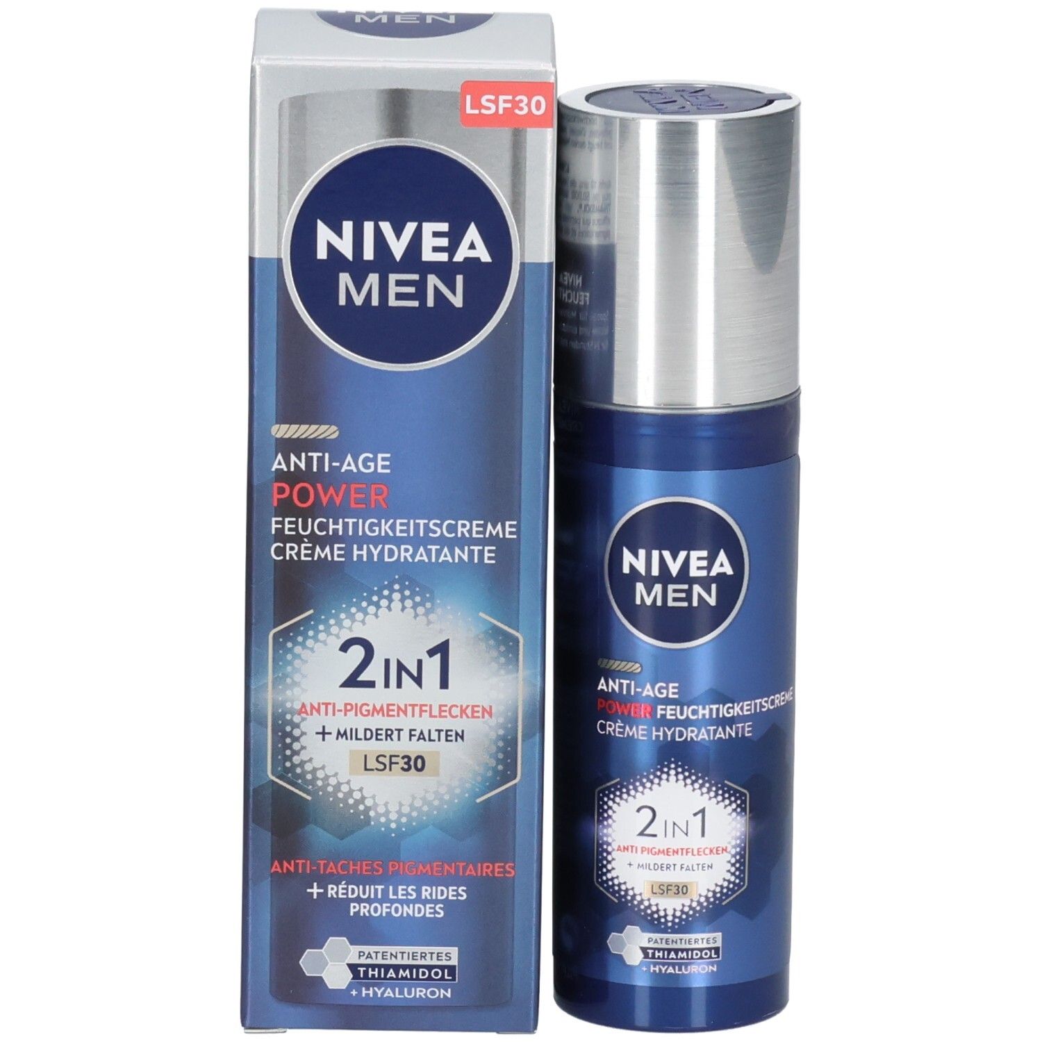 Produkt und Verpackung. NIVEA MEN Anti-Age Power Feuchtigkeitscreme LSF 30. Text: 2in1, Anti-Pigmentflecken, mildert Falten.
