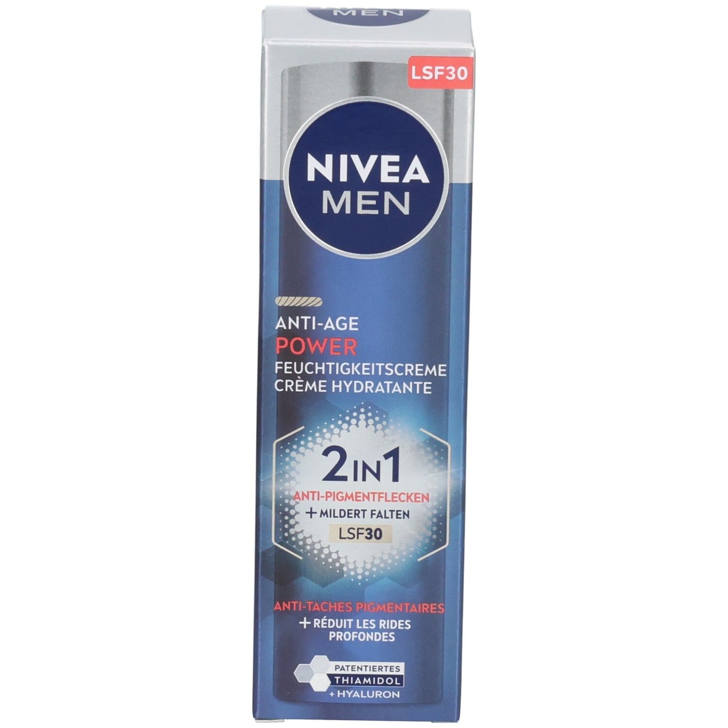 Verpackung. NIVEA MEN Anti-Age Power Feuchtigkeitscreme LSF 30. Text: 2in1, Anti-Pigmentflecken, mildert Falten.