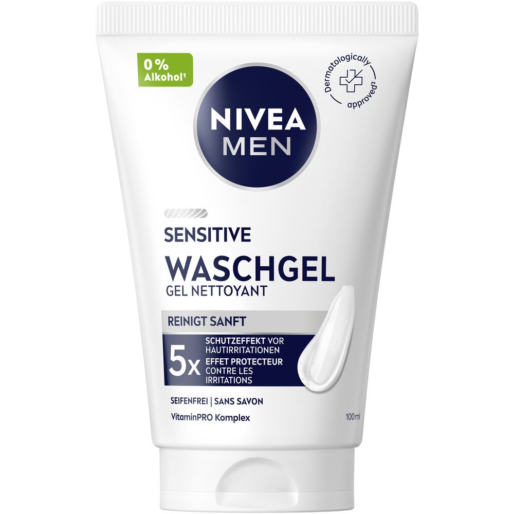 Weiße Tube NIVEA MEN Sensitive Waschgel mit blauem Logo und Text. 0% Alkohol.