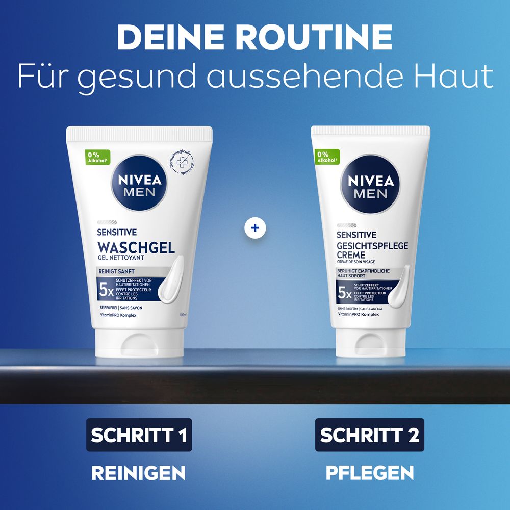 Zwei NIVEA MEN Produkte: Waschgel und Gesichtscreme für gesunde Haut.