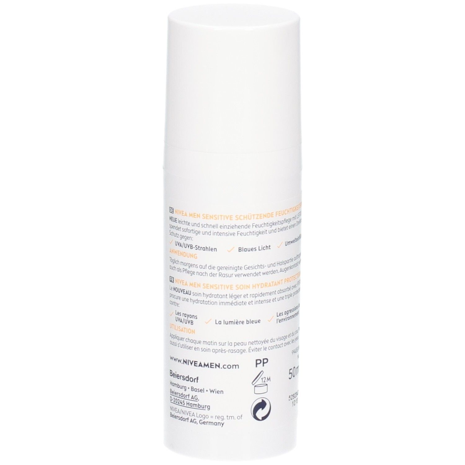 Rückseite der weißen Flasche NIVEA MEN Sensitive Feuchtigkeitspflege LSF30. Text in mehreren Sprachen.