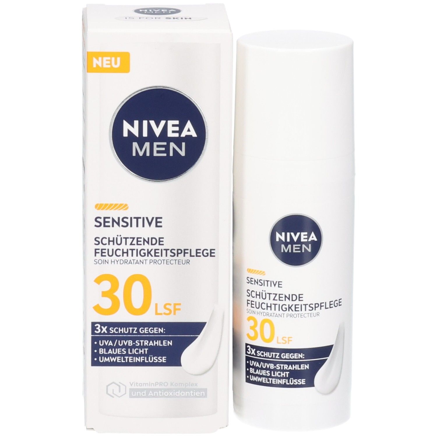 NIVEA MEN Sensitive Feuchtigkeitspflege LSF30, Flasche und Verpackung. Weiße Flasche und Karton.