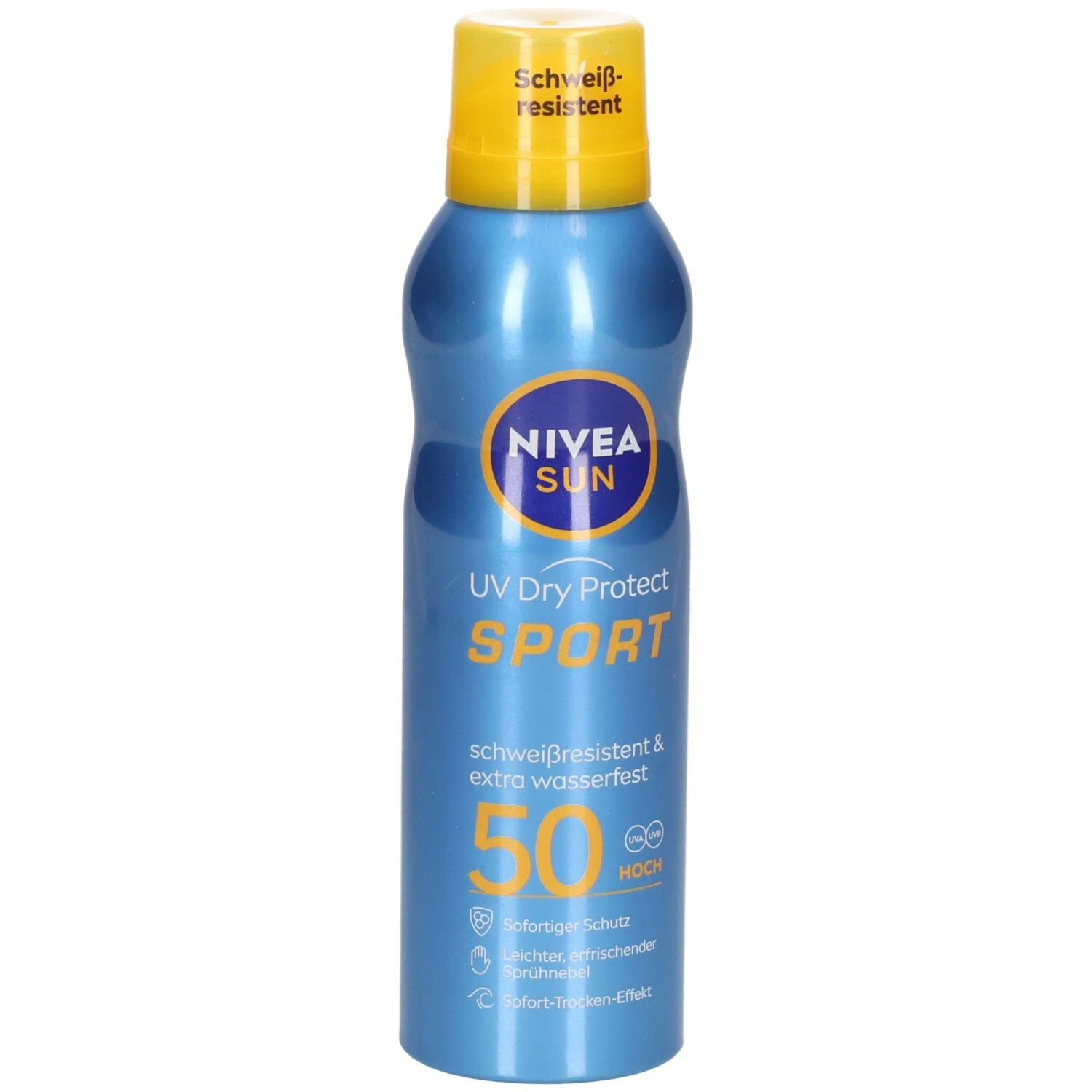 Blau-gelbes Sonnenspray. Aufschrift: NIVEA SUN UV Dry Protect SPORT. LSF 50. Schweißresistent. Aerosol-Sprühflasche.