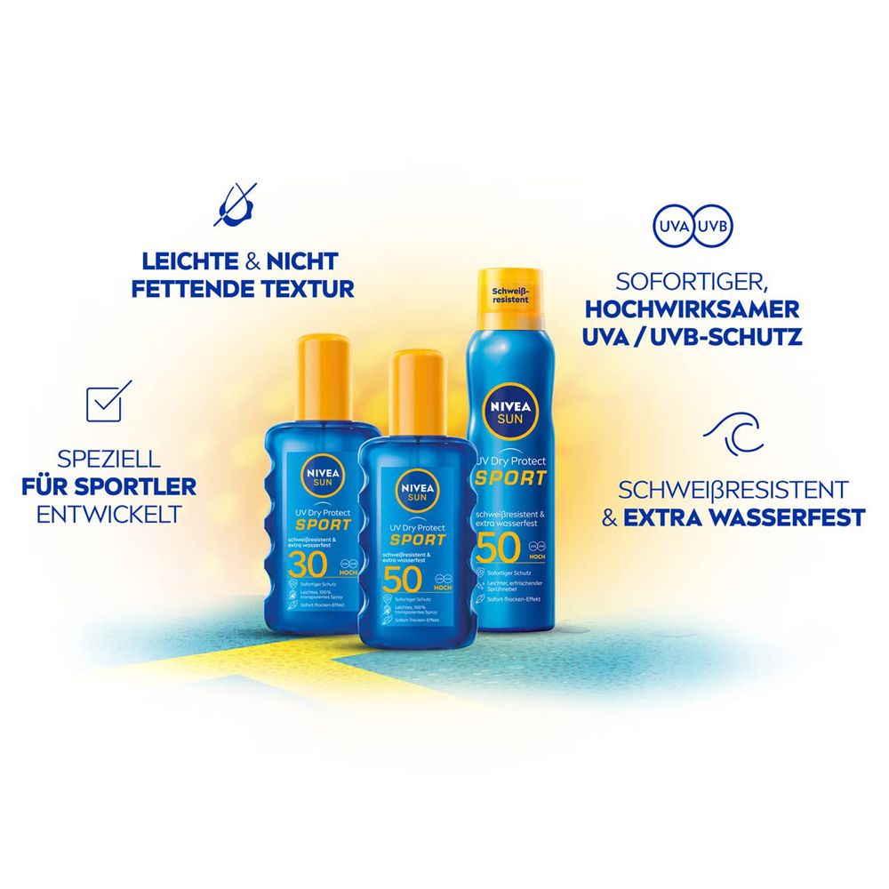 Drei Nivea Sun UV Dry Protect Sport Sonnensprays: LSF 30 und LSF 50, leichte Textur.