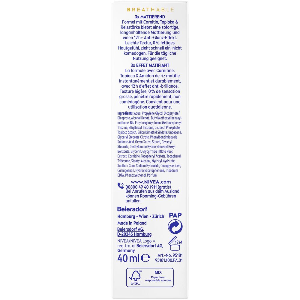 Rückseite der Verpackung. Text mit Inhaltsstoffen, Herstellerinformationen und Gütesiegeln. 40ml.