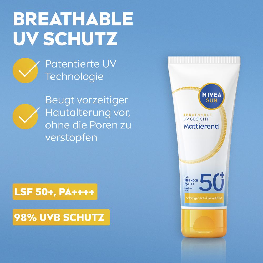 NIVEA SUN Breathable UV Gesicht mattierend. Tube. LSF 50+, PA++++. 98% UVB Schutz. Blaue Hintergrund.