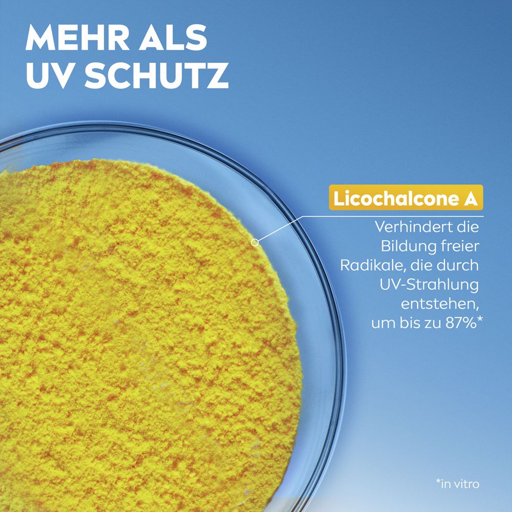 Behälter mit gelbem Pulver. Text: Licohalcone A, verhindert Bildung freier Radikale. Blauer Hintergrund.