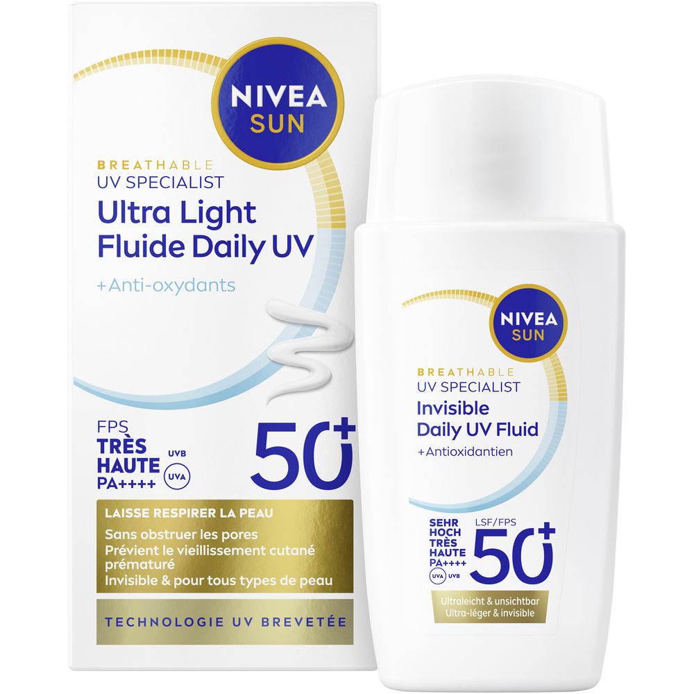 NIVEA SUN UV Gesicht Experte: Fluid LSF 50, 50ml Flasche und Karton.