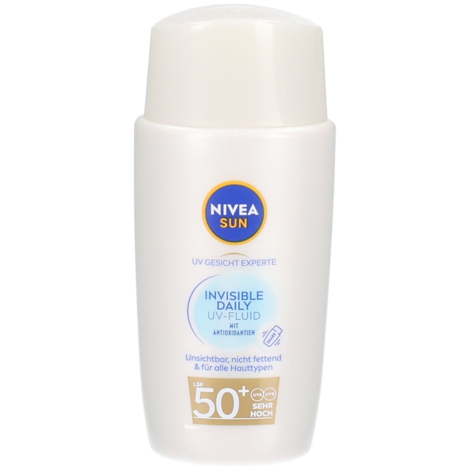 Weiße Flasche mit blauem Etikett. Enthält NIVEA SUN UV Specialist Invisible Daily Fluid LSF 50+. Text: Invisible Daily UV-Fluid.