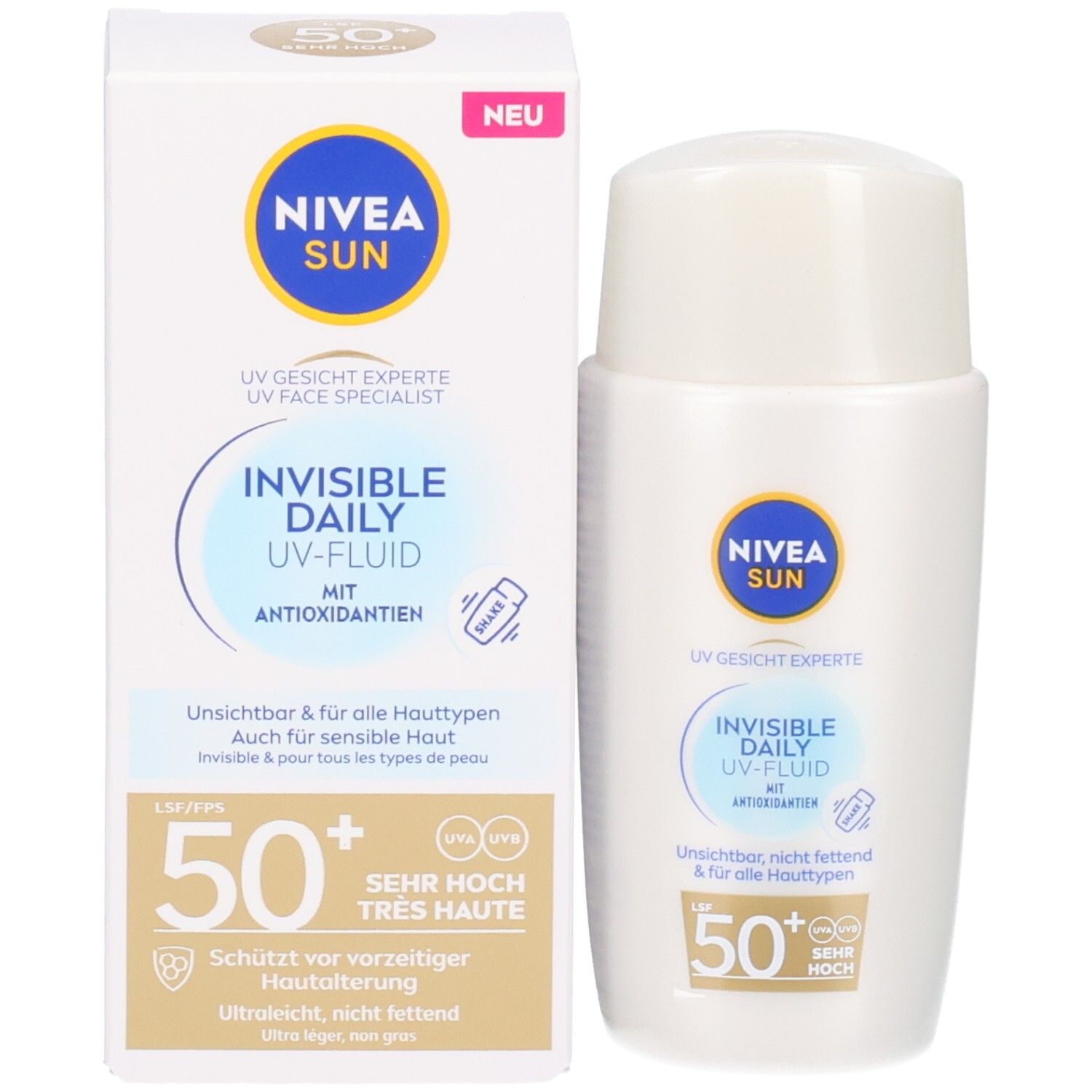 Produkt und Verpackung. NIVEA SUN UV Specialist Invisible Daily Fluid LSF 50+. Mit Aufschrift: Neu. Flasche und Karton.