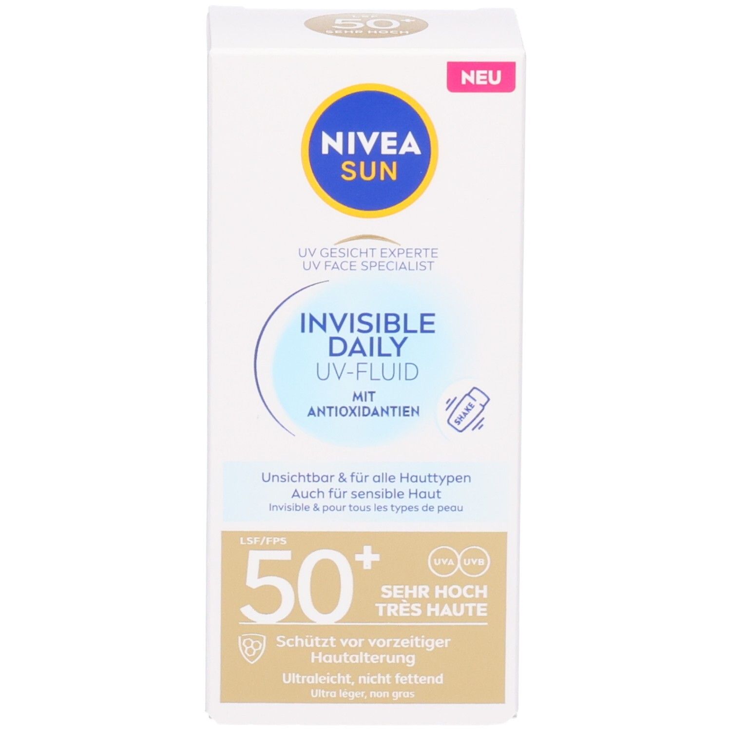 Verpackung. NIVEA SUN UV Specialist Invisible Daily Fluid LSF 50+. Mit Aufschrift: Neu. Weißer Karton mit Produktinformationen.