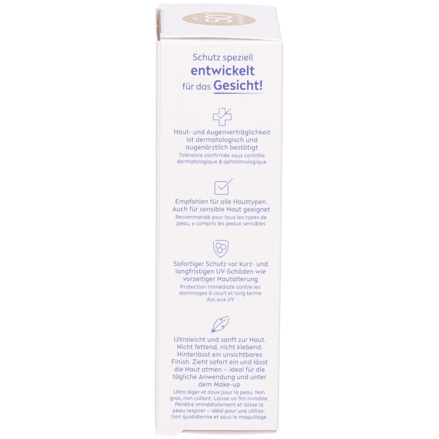 Verpackung. Text: Schutz speziell entwickelt für das Gesicht! Informationen zu Hautverträglichkeit und Anwendung.