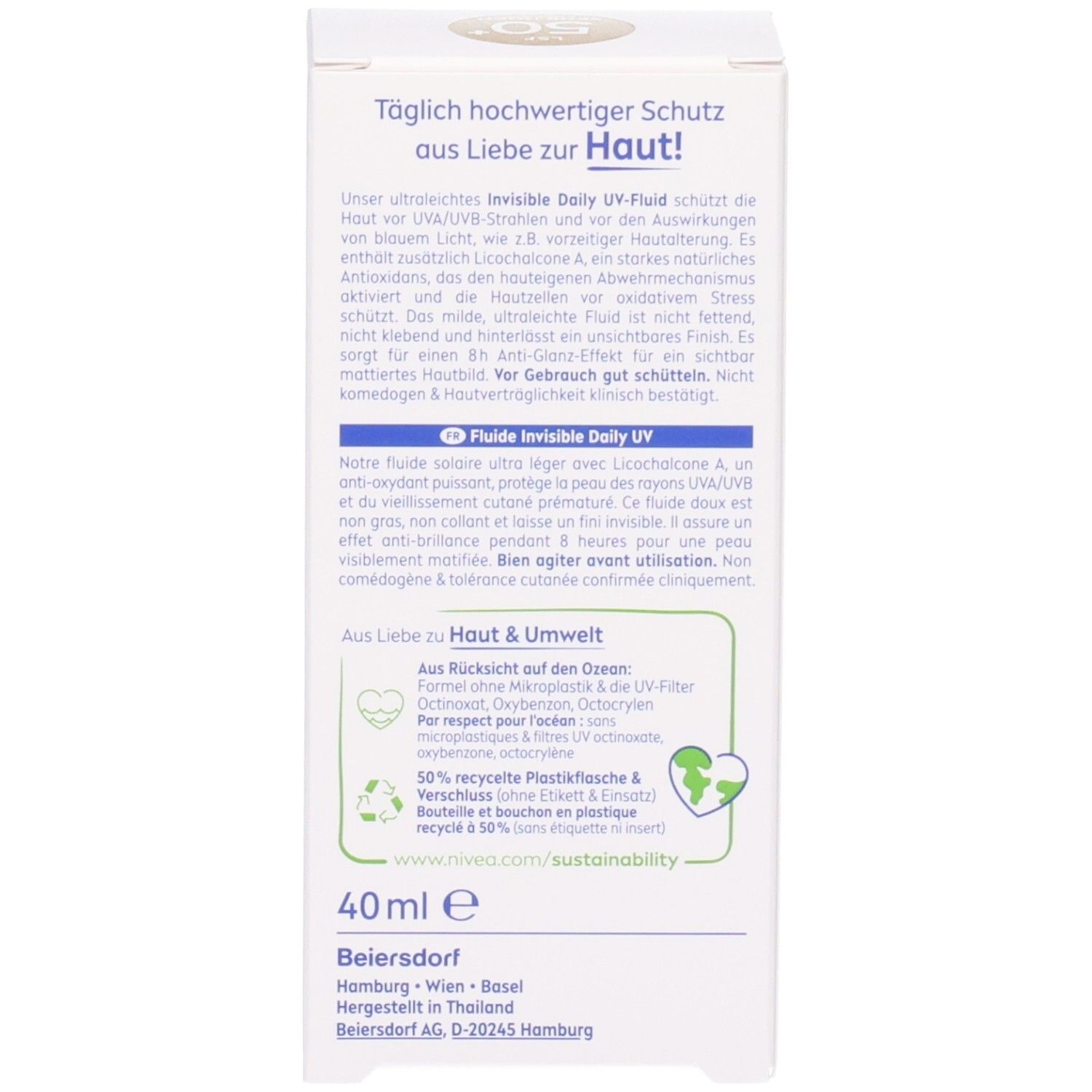 Verpackung. Text: Täglich hochwertiger Schutz aus Liebe zur Haut! Informationen zu Inhaltsstoffen und Umwelt.