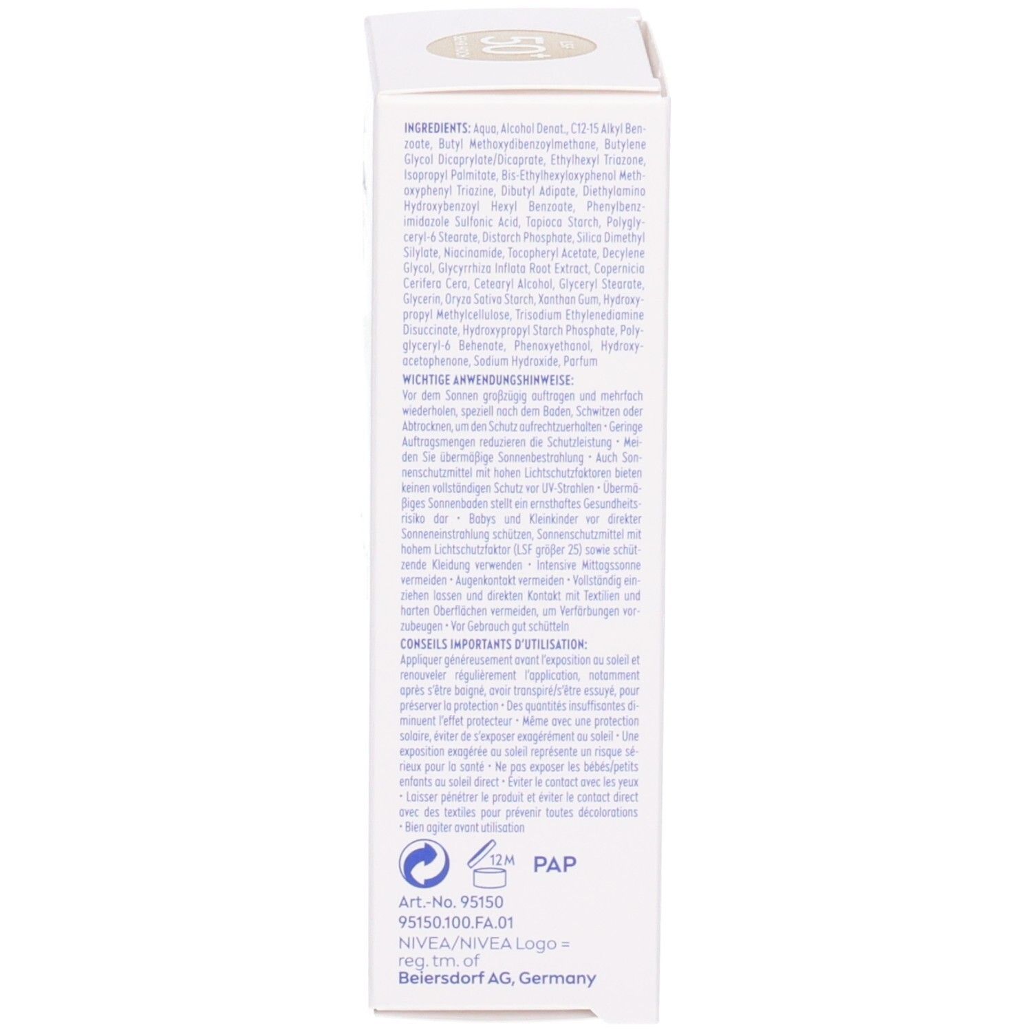 Verpackung. Auflistung der Inhaltsstoffe. Informationen zu Anwendungshinweisen und Hersteller.