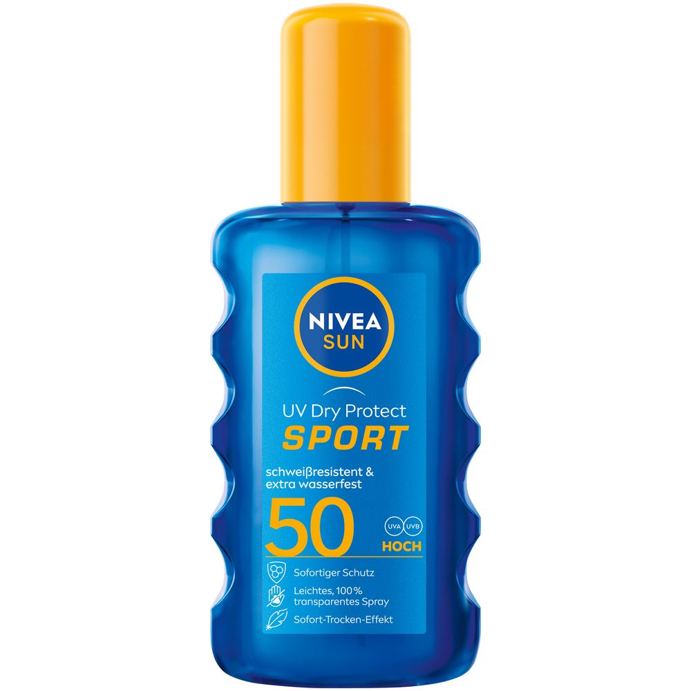 Nivea Sun UV Dry Protect Sport Sonnenspray mit LSF 50 in blauer Sprühflasche mit gelbem Verschluss.