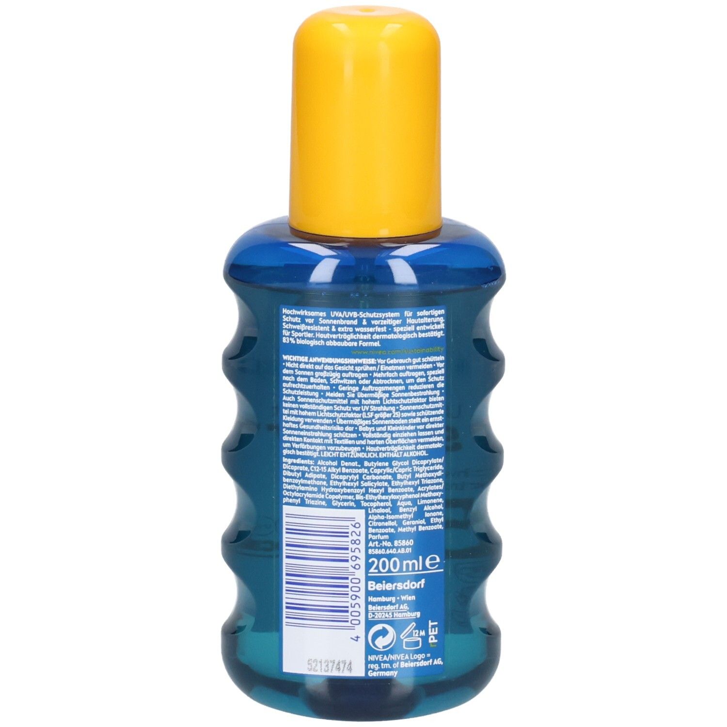 Rückseite der blauen Sprühflasche mit gelbem Deckel. Text und Informationen. Aufschrift: 200ml. Hersteller: Beiersdorf.