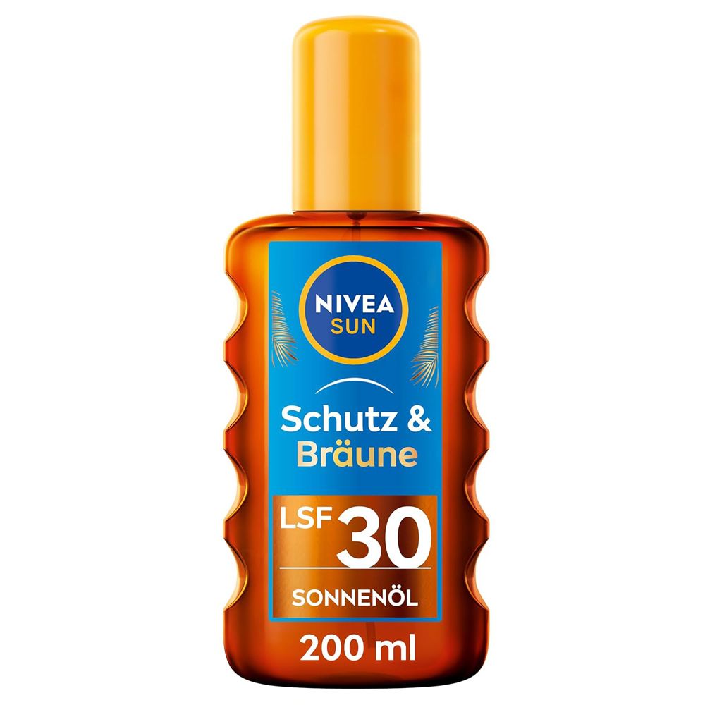 NIVEA SUN Schutz & Bräune Öl-Spray LSF 30, 200 ml. Braune Sprühflasche mit gelbem Verschluss.