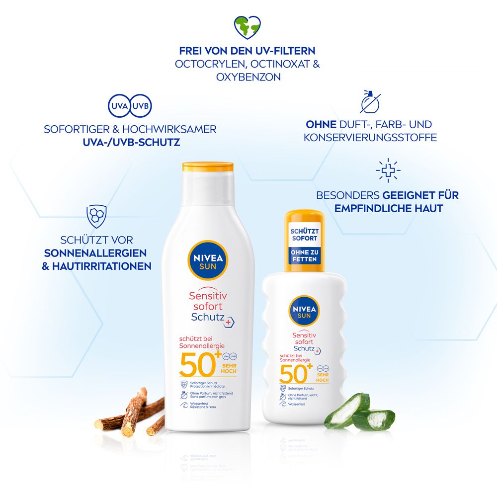 Zwei NIVEA SUN Flaschen, eine groß und eine klein, mit Icons für Sonnenschutz und empfindliche Haut. Lakritzwurzel und Aloe Vera.