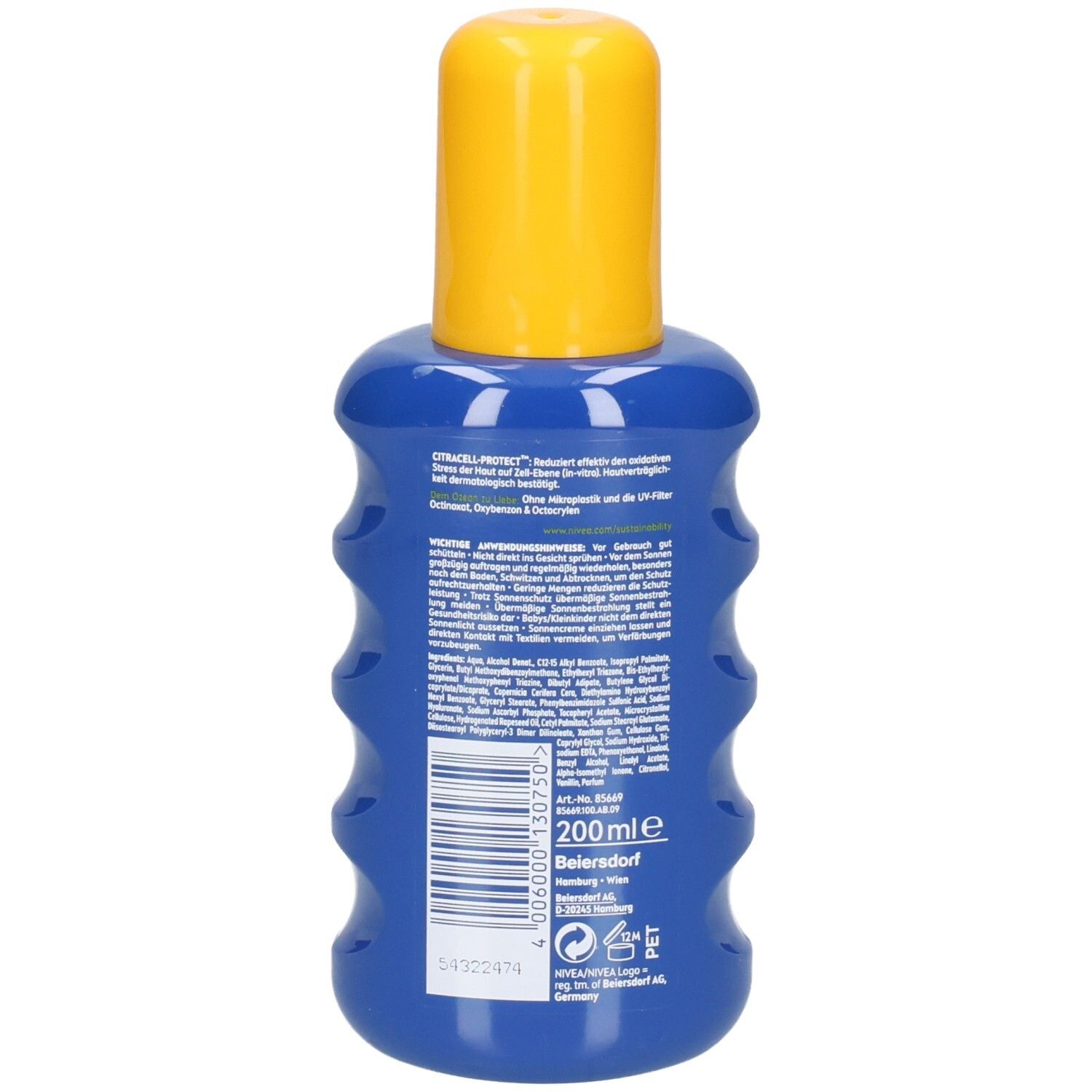 Rückseite der blauen Flasche NIVEA Sun Schutz & Pflege Sonnenspray. Gelber Deckel. Text und Barcode.