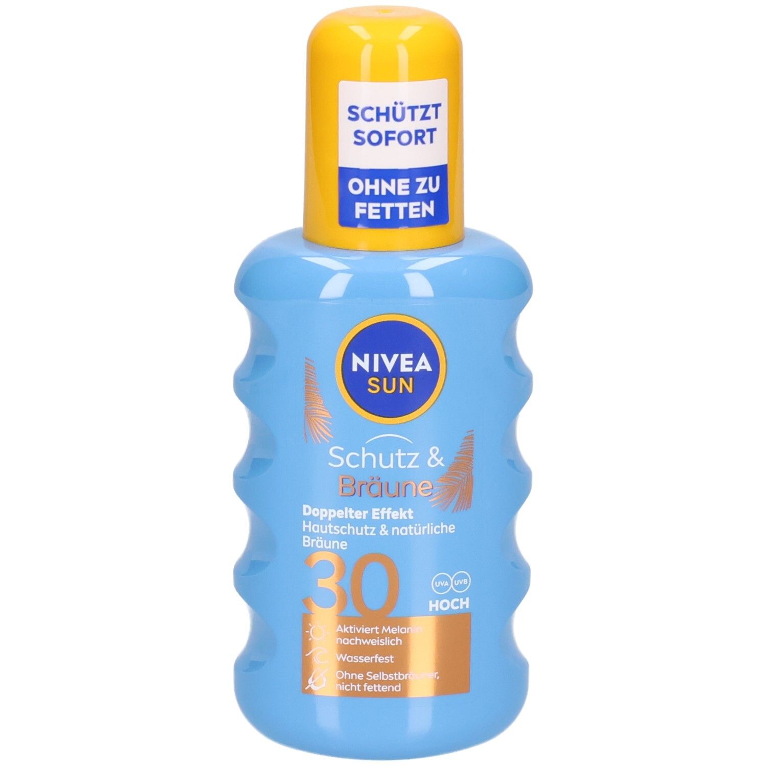 Blau-gelbe Sonnenschutzflasche. Aufschrift: NIVEA SUN, Schutz & Bräune, LSF 30. Mit gelbem Sprühkopf und blauer Kappe.