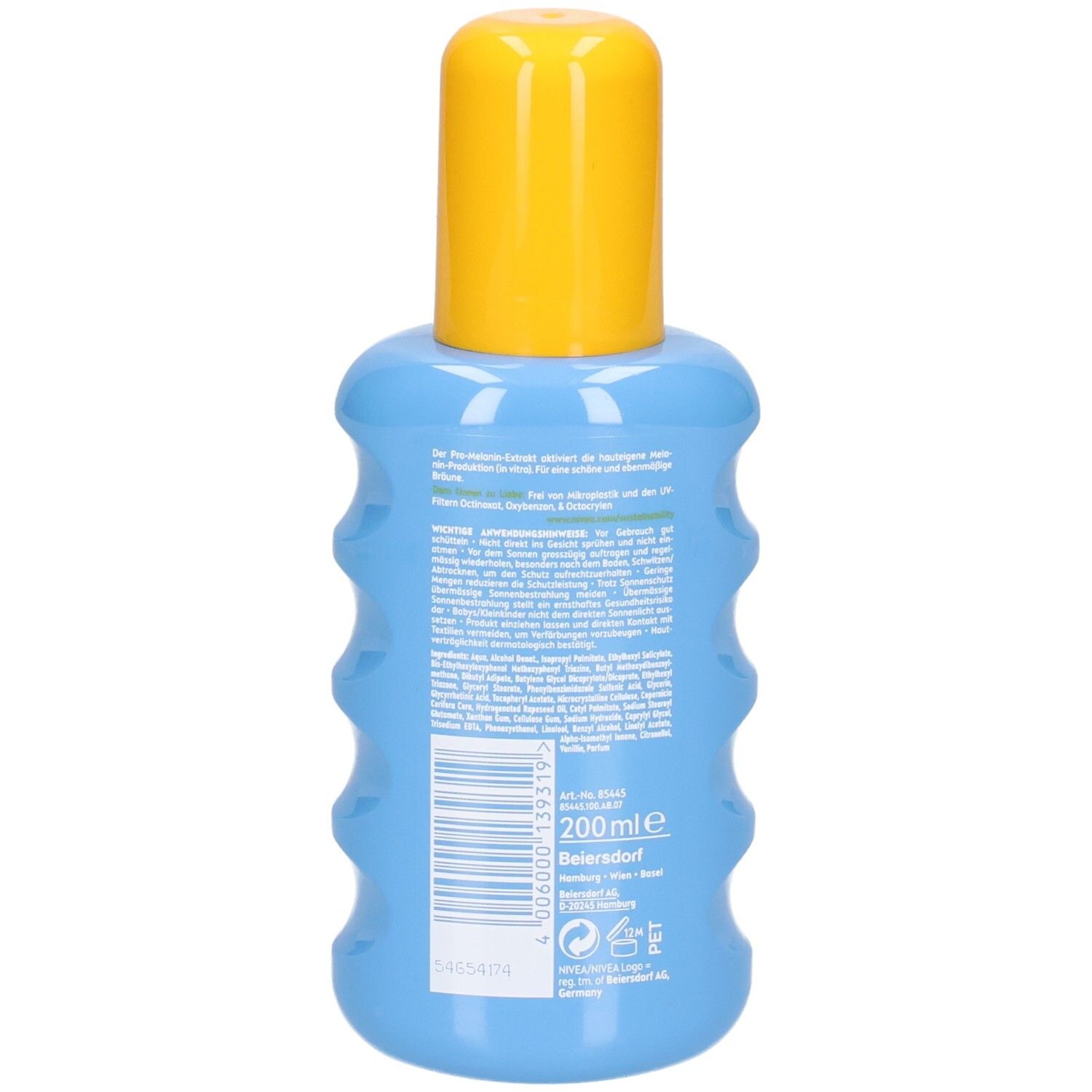 Blaue Sonnenschutzflasche mit gelbem Sprühkopf. Rückseite mit Text und Barcode. Aufschrift: 200ml.