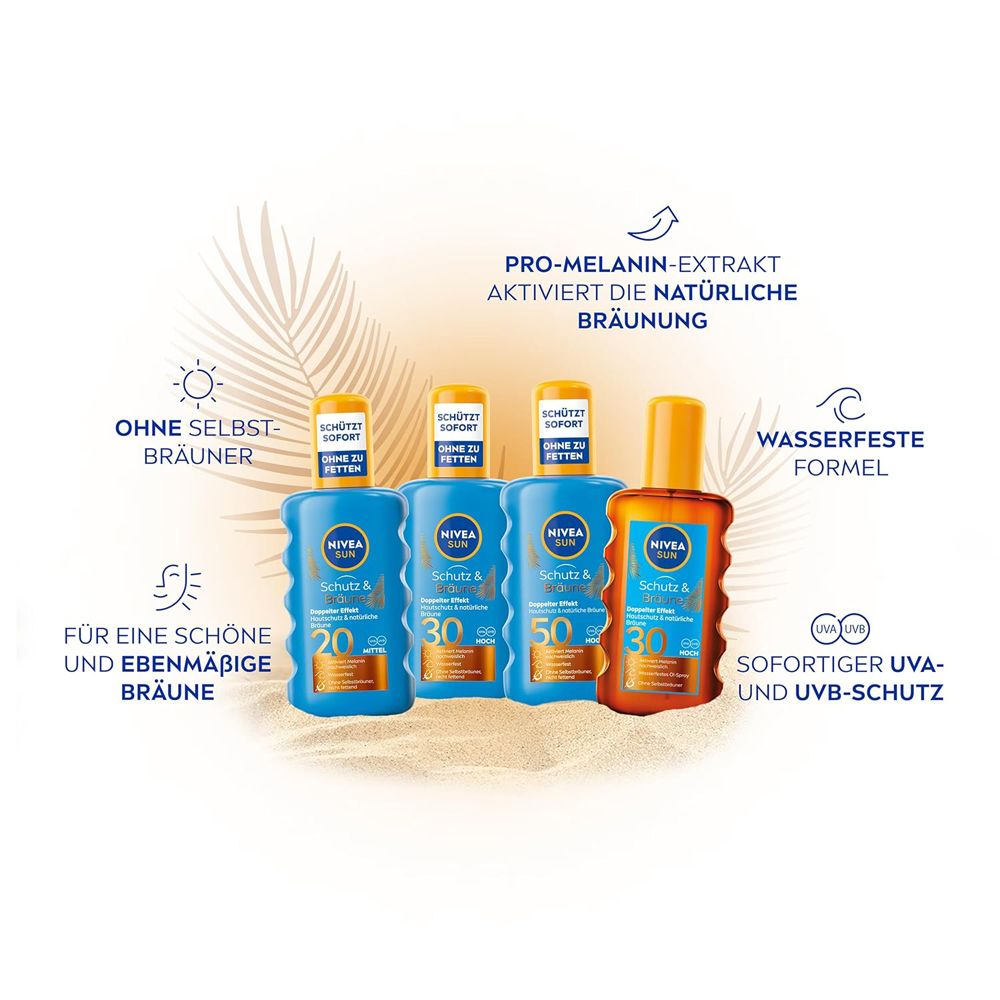 NIVEA SUN Schutz & Bräune Sonnensprays in verschiedenen LSF-Stärken, mit Hinweisen zu Bräunung und Schutz.