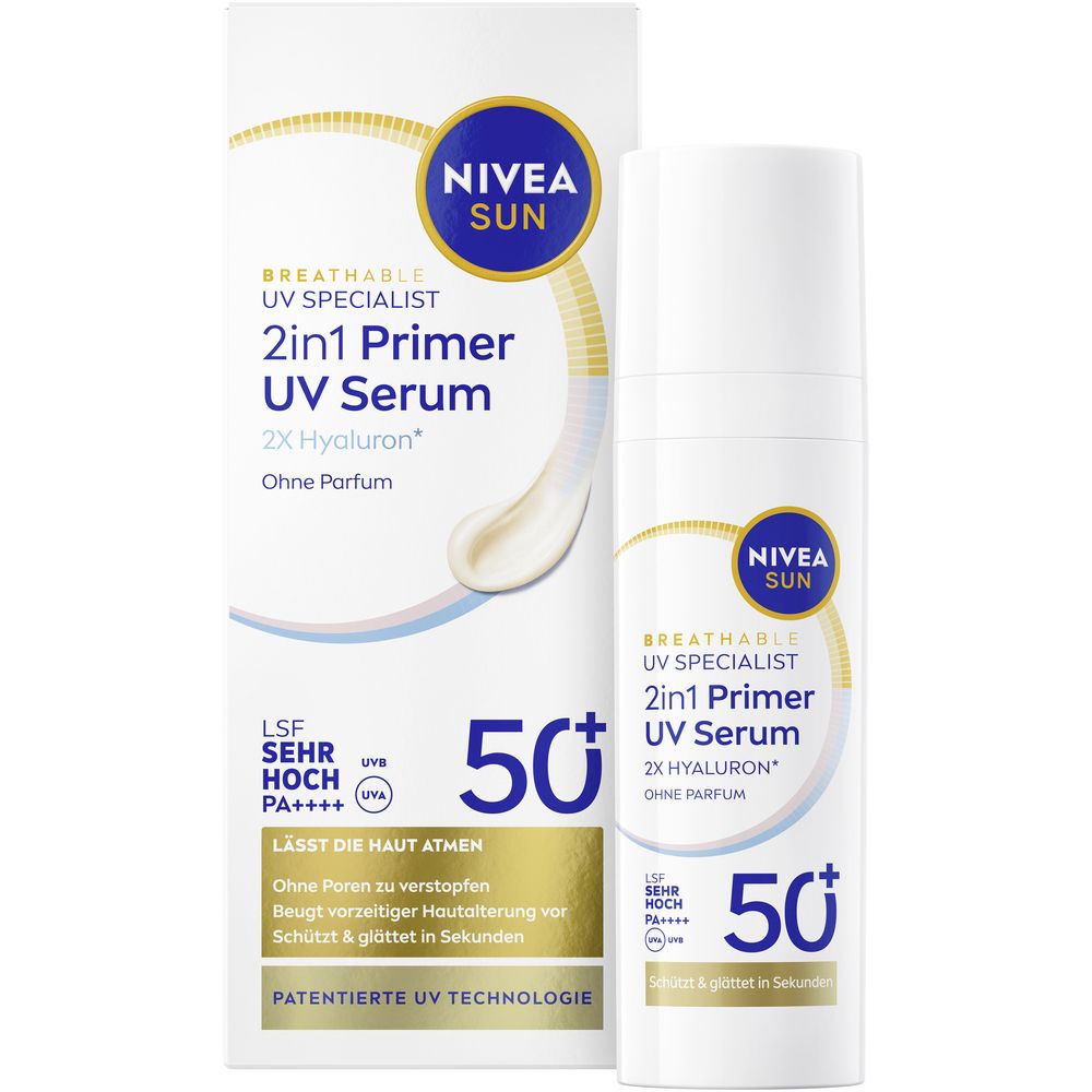 NIVEA SUN 2in1 Primer UV Serum LSF 50+ mit Hyaluron. Flakon und Kartonverpackung.
