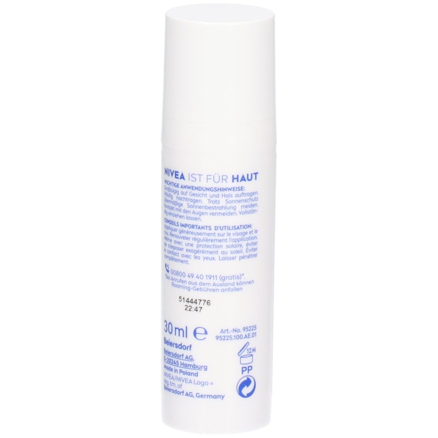 Rückseite der weißen Flasche NIVEA SUN 2in1 Primer Daily UV Serum. Text: Anwendungshinweise, 30ml, Herstellerinformationen.