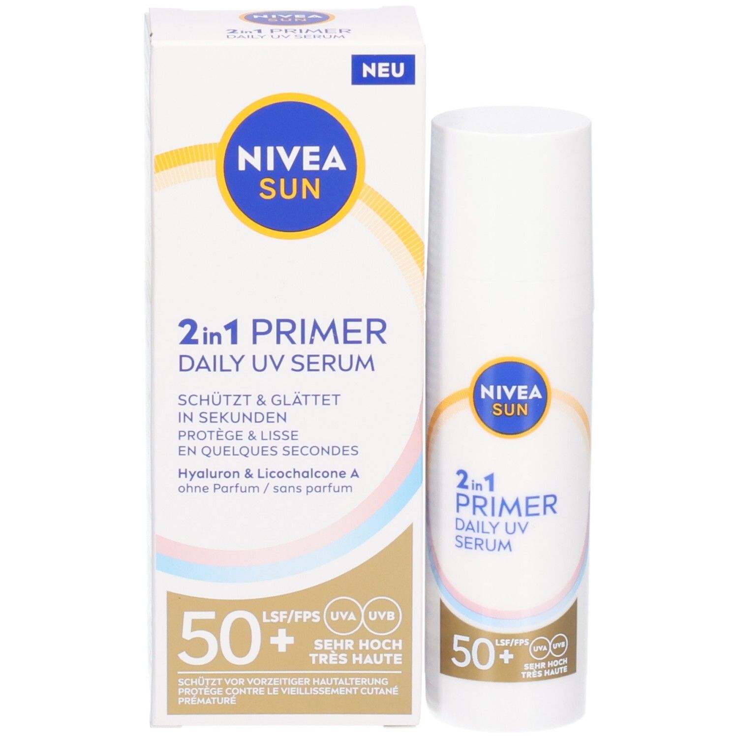 NIVEA SUN 2in1 Primer Daily UV Serum und Verpackung. Text: 2in1 Primer, schützt & glättet, 50+ LSF. Neu-Label.