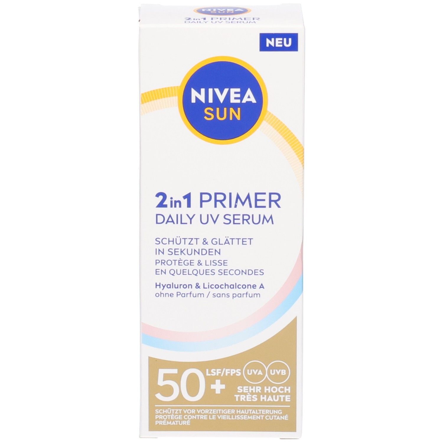 Verpackung NIVEA SUN 2in1 Primer Daily UV Serum. Text: 2in1 Primer, schützt & glättet, 50+ LSF. Neu-Label.