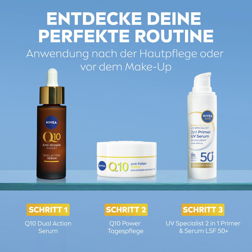 NIVEA SUN 2in1 Primer Daily UV Serum LSF 50+ in weißem Pumpspender.