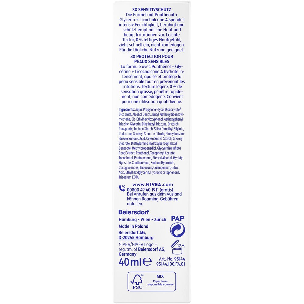 Rückseite der Verpackung. Inhaltsstoffe, Herstellerinformationen, 40ml, FSC-Siegel, 12M-Symbol.