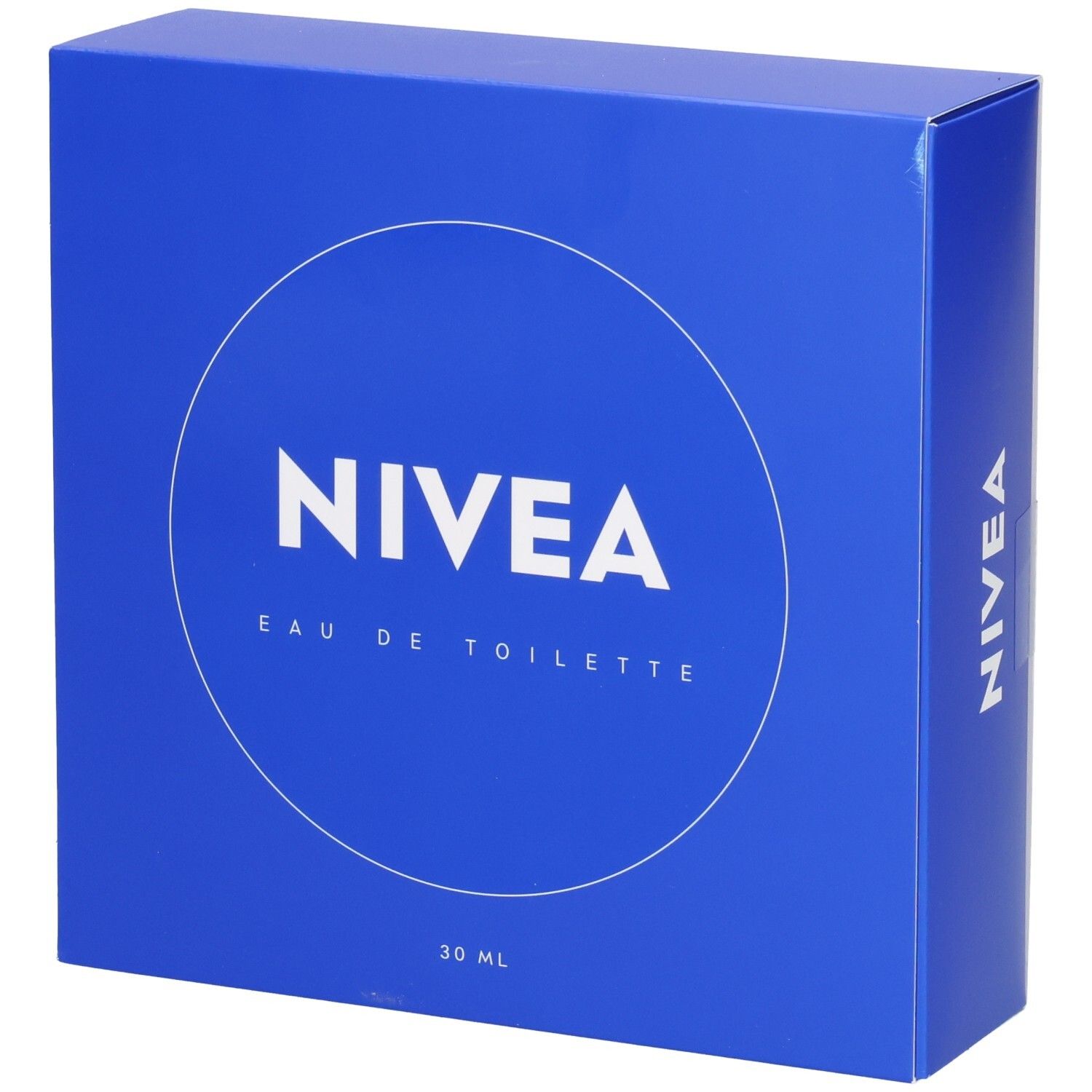 Blaue Verpackung mit NIVEA-Logo und Schriftzug Eau de Toilette. 30 ml. Rechteckige Form.