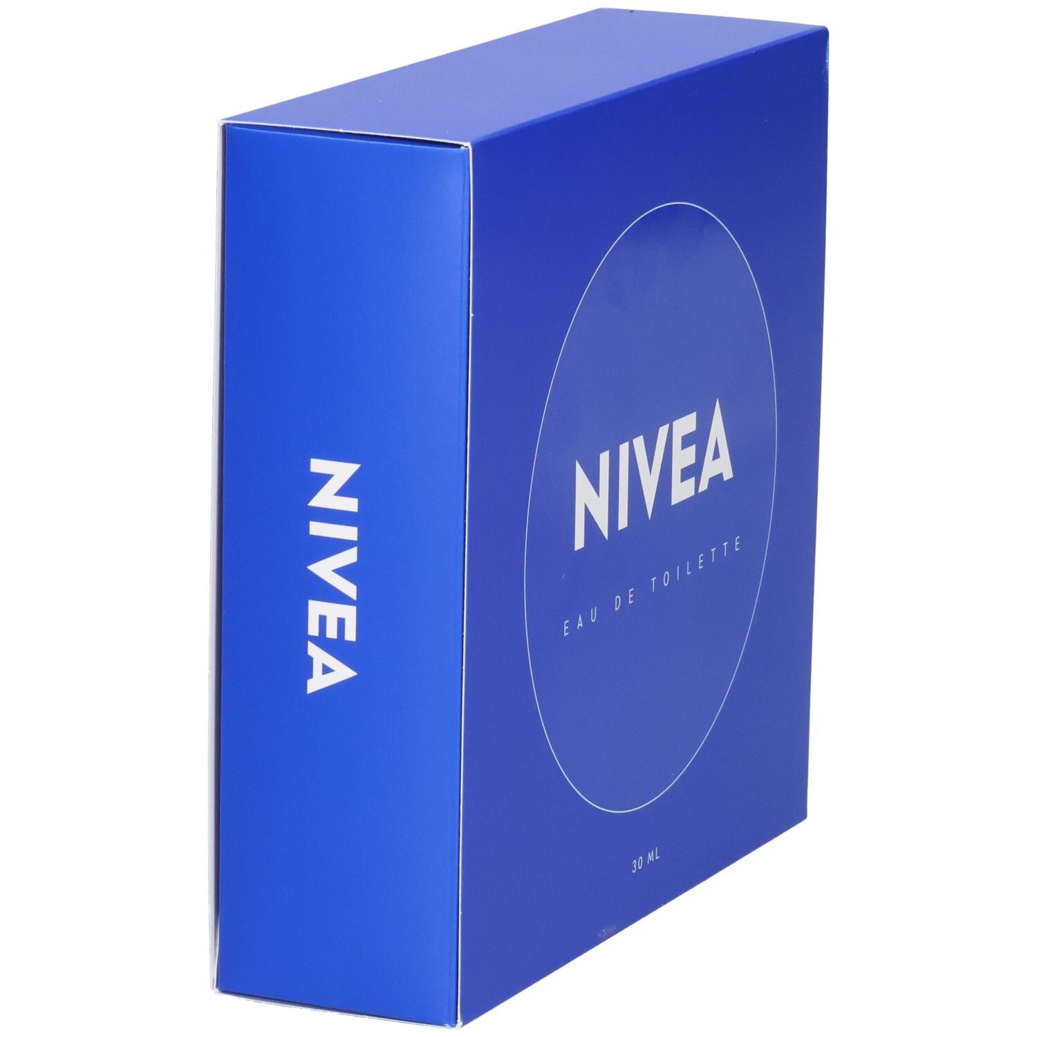 Blaue NIVEA Eau de Toilette Verpackung. Seitenansicht. Logo und Schriftzug. 30 ml.
