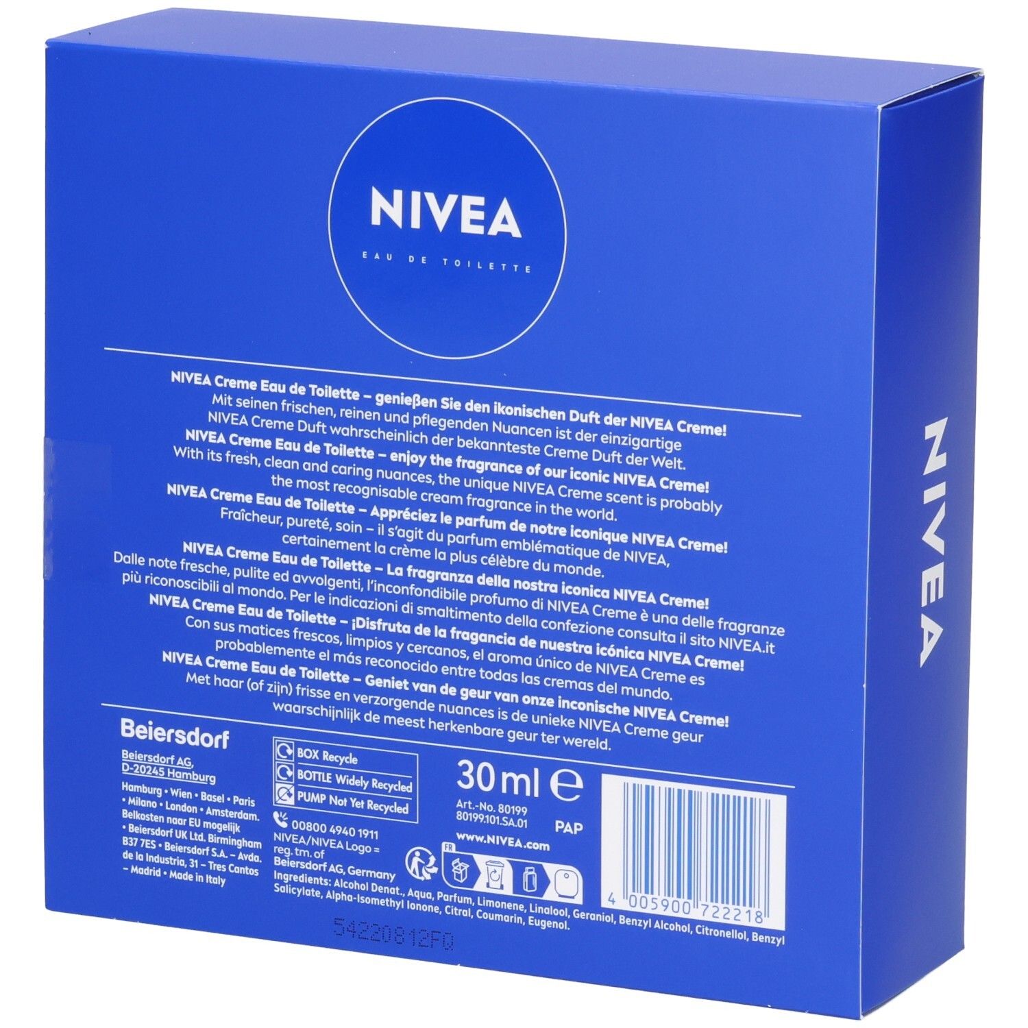 Rückseite der blauen NIVEA Eau de Toilette Verpackung. Text in mehreren Sprachen. 30 ml.